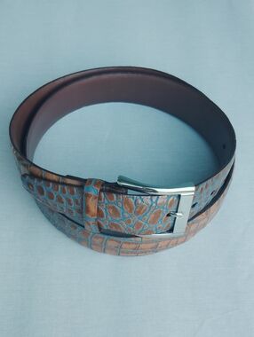 Bi-Color Crocodile Embossed Calfskin Belt in Tan and Blue by Torino Leather